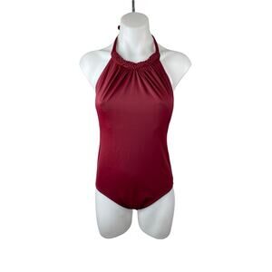 Amante Red Silk Satin Braided Halter Open Back One Piece Swimsuit Swimwear Sz L